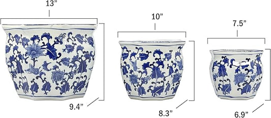 Galt International Blue & White Round Fluted Floral Porcelain Ceramic Plant Flower Planter Pot Set of 3 (7.5", 10", 13") Garden Pots Chinese Asian Design