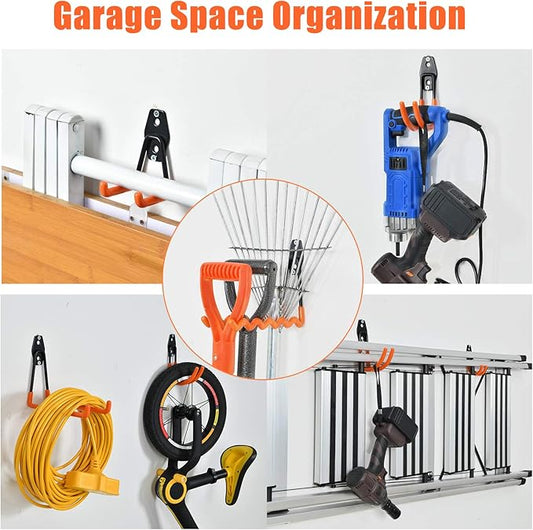 AOBEN 24PCS Garage Hooks, Heavy Duty Double Garage Hanger Organizer Wall Mount Iron Anti-Slip Garage Storage Hooks for Ladder, Power Tool,Bike,Ropes(23 Hooks & 1 hoder Strap-Orange