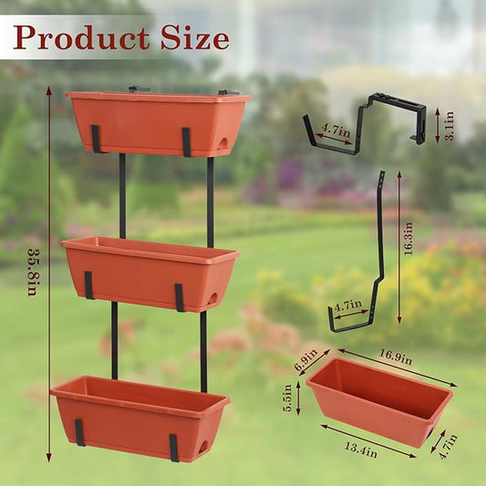 OYEAL Hanging Flower Pots for Railing Fence Outdoor Window Boxes Planter with Adjustable Hooks, Set of 2 Deck Rail Planters with 6 Detachable Plastic Planter Boxes, Drainage Holes, Brick Red