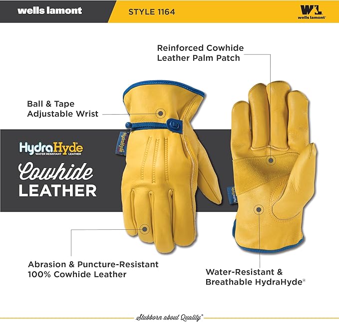 Wells Lamont Men's Adjustable HydraHyde Leather Work Gloves – Water-Resistant, Breathable, Durable – Ideal for Gardening, Landscaping, Ranching – Heavy Duty Leather Work Gloves – Saddletan, X-Large