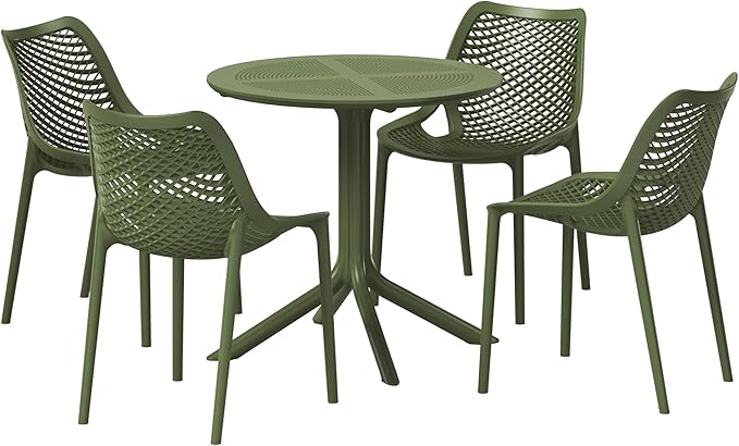 Costaelm Dining Table for 4 with Chair, HDPE Patio Round Dining Table and Stackable Chair, Outdoor Patio Furniture All Weather for Backyard Porch Poolside, Olive Green