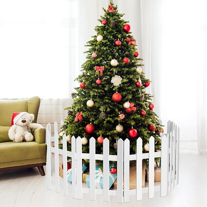 RUODON 12 Pack Thick Christmas Tree Fences White Wooden Picket Fences Tree Fence Border Decoration for Xmas Wedding Party Decor Garden Home, 15.7 x 12 Inches