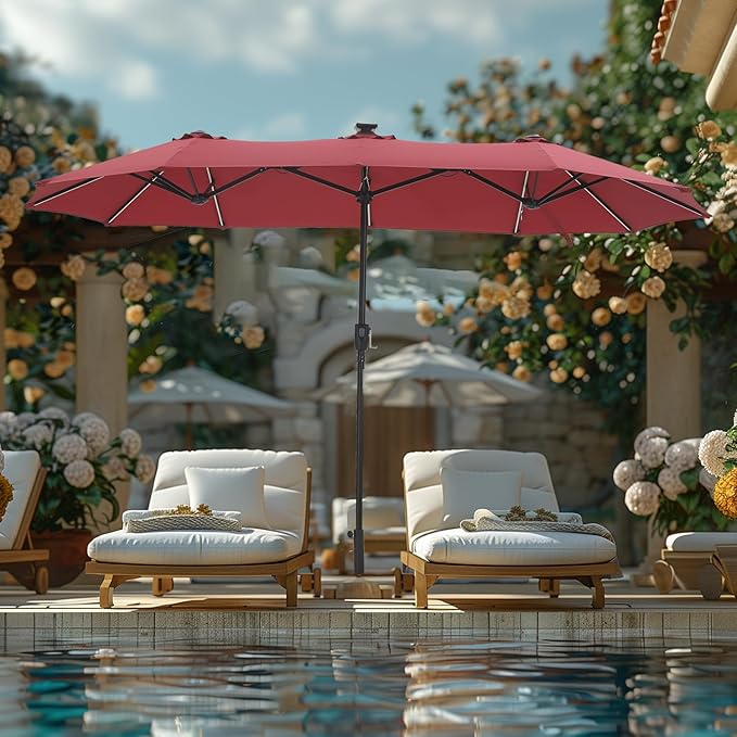 GREEN PARTY 13 ft Rectangle Patio Umbrella with Solar Lights, Double-Sided Market Table Umbrella with Crank, Large Outdoor Umbrellas for Patio Poolside Garden Backyard, Burgundy Red