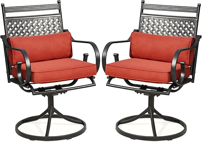 MELLCOM Patio Swivel Chair Set of 2, Heavy Duty Outdoor Dining Chairs with Cushions and Lumbar Pillows, Metal Patio Chairs Gentle Rocker for Outside, Garden Lawn & Porch, Backyard, Red