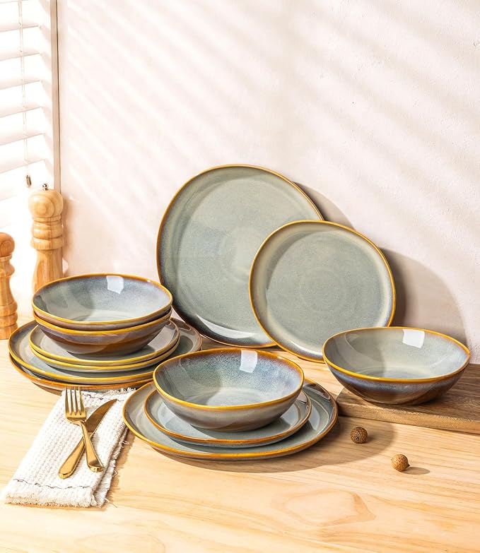 TheTerra Ceramic Dinnerware Set for 4, 12-Piece Plates and Bowls Set | Lightweight Porcelain Dish Set, Scratch Resistant, Oven & Microwave & Dishwasher Safe, Blue Dusk