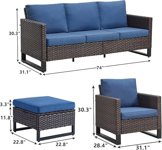 Rilyson Wicker Outdoor Patio Furniture Set - 5 Piece Patio Conversation Set with 2 Wicker Armrest Chairs,2 Rattan Ottoman and 1 Couch for Outside Porch Deck Backyard Garden(Brown/Blue)