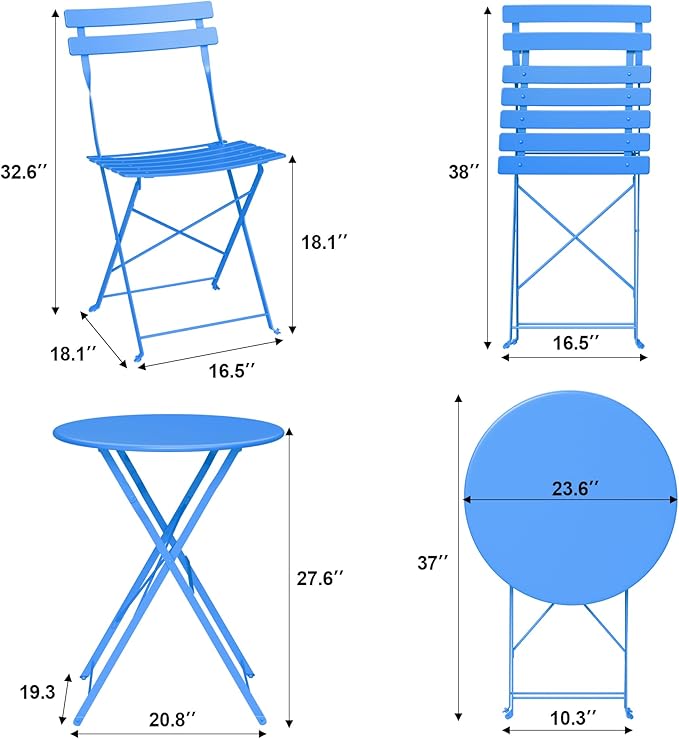 GarveeLife 3-Piece Folding Bistro Set, Foldable Patio Furniture Set with Premium Frame, Outdoor Bistro Table and Chairs Set of 2 for Patio, Garden and Balcony, Blue