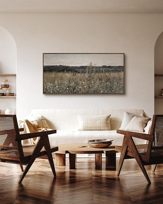 InSimSea Extra Large Framed Vintage Wall Art, Living Room Country Farmhouse Decor, Flower Meadow Landscape Paintings, Canvas Prints, Retro Scenery Long Pictures for Bedroom Above of Bed,24x48inch