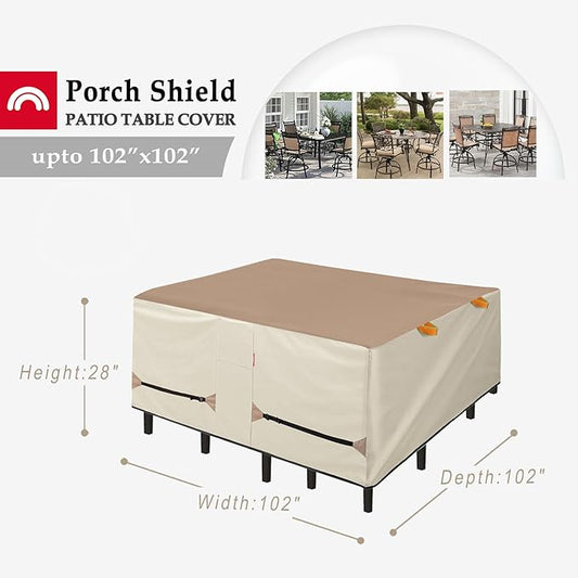 Porch Shield Patio Table Cover - Waterproof Outdoor Dining Table and Chairs Furniture Set Cover Square - 102 x 102 inch, Light Tan & Khaki