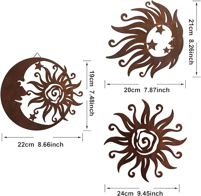 VividLadybug Sun Moon Wall Hanging, Wall Sculpture, Metal Wall Art Indoor/Outdoor Decor Rust Colored Rust Proof Wall Sculpture - Ideal for Bedrooms, Gardens, Homes, Patios and Farmhouses, Set of 3