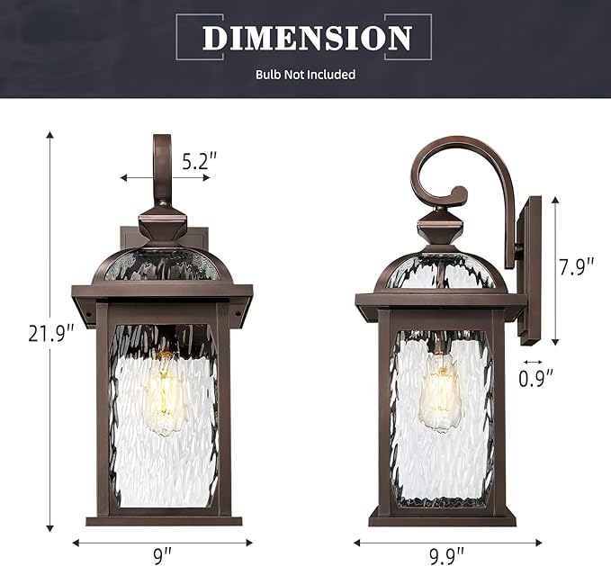 zeyu 22 Inch Outdoor Light Fixture, Exterior Wall Light for House, Die-Cast Aluminum with Water Ripple Glass, Oil Rubbed Bronze Finish, ZD100B-M ORB WP