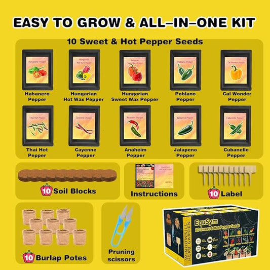 10 Pepper Seeds Window Garden Kit - Hot & Sweet Peppers Seeds for Indoor & Outdoor Planting, Gardening Gift for Kids, Moms, Women, Beginners, Complete Starter Kit Vegetable Garden Starter