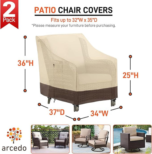 Arcedo Waterproof Patio Chair Covers, Heavy Duty Outdoor Lounge Chair Covers, Patio Furniture Covers for Lawn Swivel Rocking Chairs, All Weather Protection, 34"W x 37"D x 36"H, 2 Pack, Beige & Brown