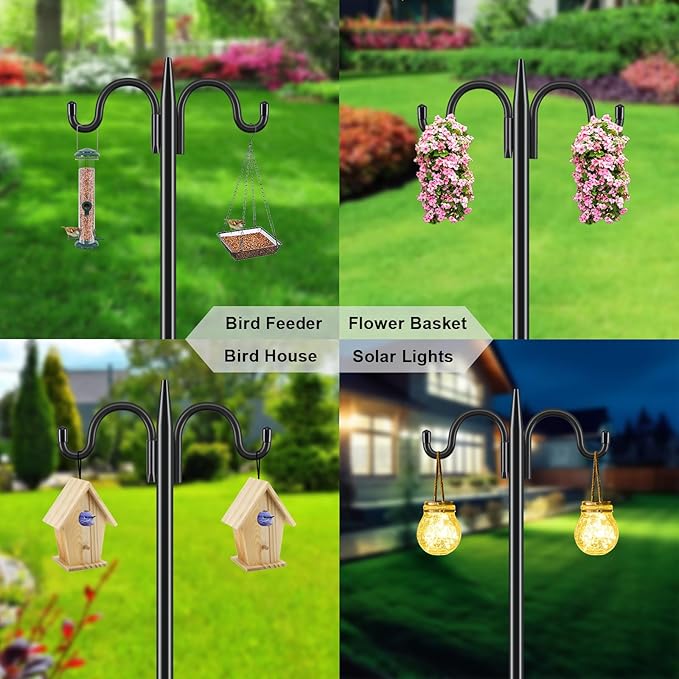 Gtongoko Bird Feeder Pole for Outdoors Heavy Duty, 108 Inch Double Shepherds Hook with 5-Prong Stable Base, 3/4 Inch Thick Hummingbird Feeder Stand for Hanging Plants, Lanterns, 1 Pack