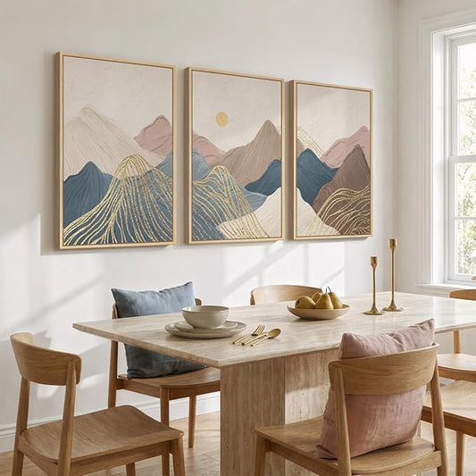 Framed Neutral Abstract Mountain Wall Art for Living Room, 3 Piece Large Landscape Print Canvas Artwork for Walls, Boho Modern Minimalist Paintings for Dining Room Office Hallway Wall Decor, 24x36 In