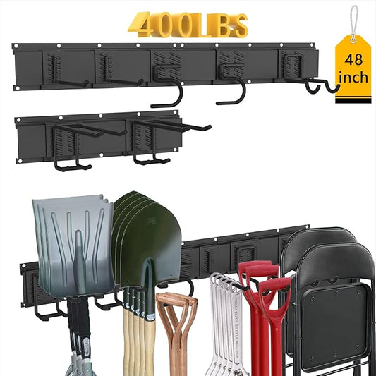 CBWLWJ Garage Tool Organizer Wall Mount, 48 inch Garage Wall Organizer, 400lbs Sturdy Garden Tool Organizer with 7 Adjustable Hooks, for Yard, Shed, Basement, Workshop(Black)