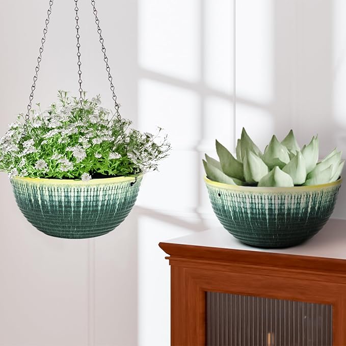 10in Hanging Planters for Indoor and Outdoor Plants, 2 Pack Hanging Planter with Drainage Hole, Round Hanging Flower Pots for Garden Home Decor (Green Glaze)