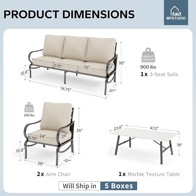 MFSTUDIO Patio Conversation Set, 5 Seats Metal Outdoor Furniture Sets with 1 x 3-Seat Sofa, 2 Single Chairs,1 Coffee Table, 4 Pieces All Weather Steel Frame Patio Sets with 5.75inch Beige Cushions