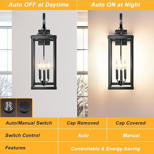 24" Extra Large Dusk to Dawn Outdoor Wall Light, Black 3-Light Waterproof Exterior Wall Mount Porch Lantern, Modern Outside Wall Sconce Coach Light with Clear Glass, E12, 1-Pack