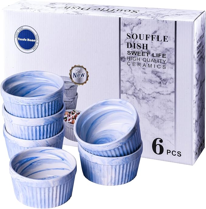 Yundu 8 Ounce Blue Marble Ceramic Ramekins, Set of 6