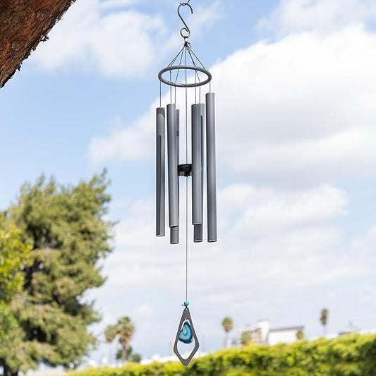 Alpine Corporation 39" Aluminum Tuned Wind Chimes with Blue Gemstone Windcatcher, Gray