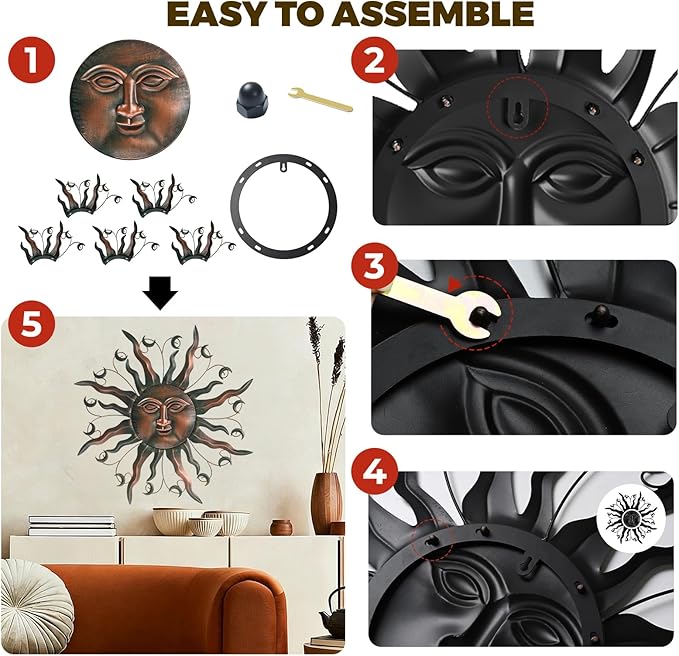 VESTCDF Outdoor Metal Wall Art Metal Sun 28" Metal Wall Art Sun Outdoor,Large Wall Decorations for Garden, Sun Wall Art Metal Sun Face Art (Moon)