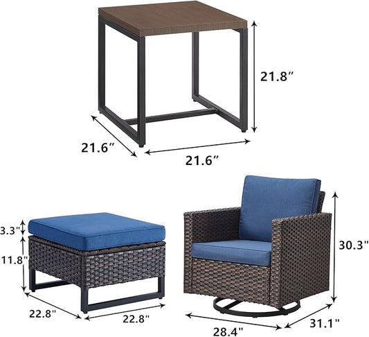 Rilyson Wicker Outdoor Patio Furniture Set - 5 Piece Patio Conversation Set with 2 Swivel Rocker Chairs,2 Rattan Ottoman and 1 Metal Side Table for Outside Porch Deck Backyard Garden(Brown/Blue)