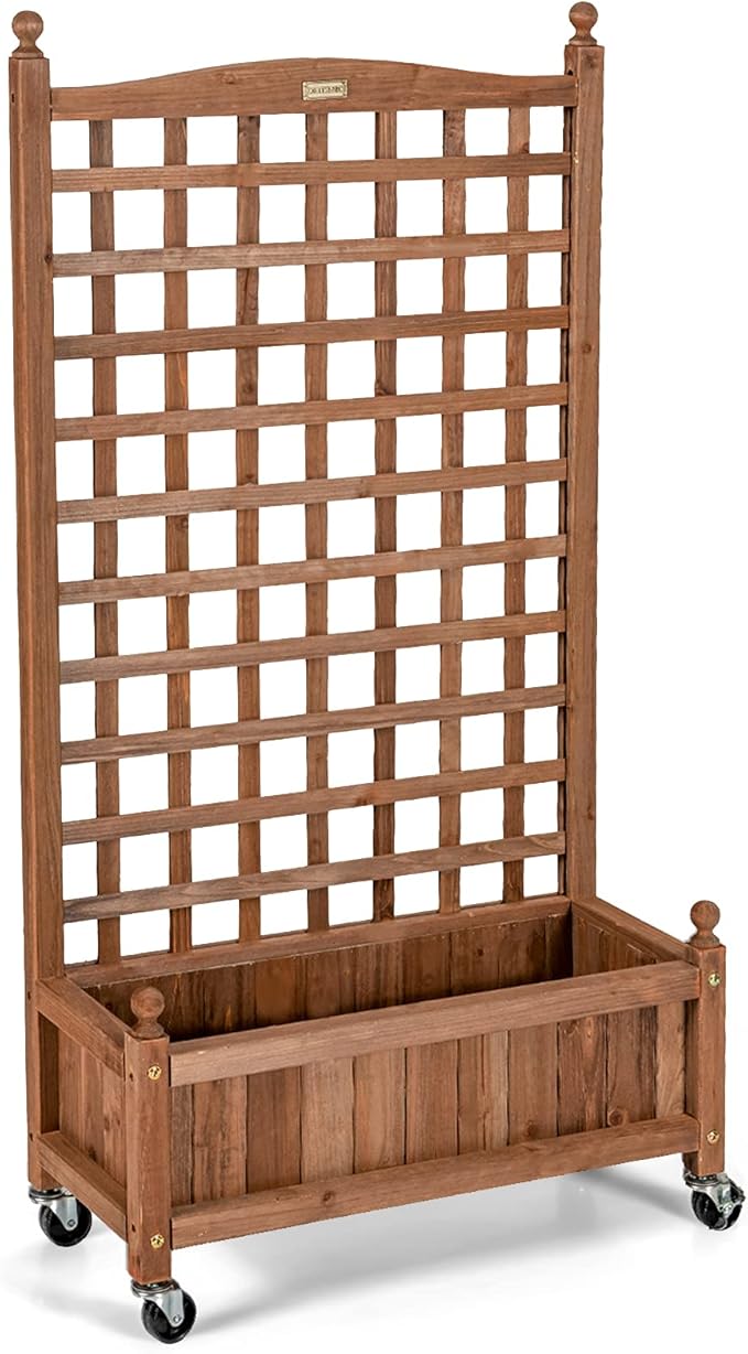 Giantex Mobile Plant Raised Bed, Wood Planter with Lattice Trellis and Wheels, Flower Box for Plant Climbing, Vertical Garden for Balcony Patio Yard, 25"x11"x 50"