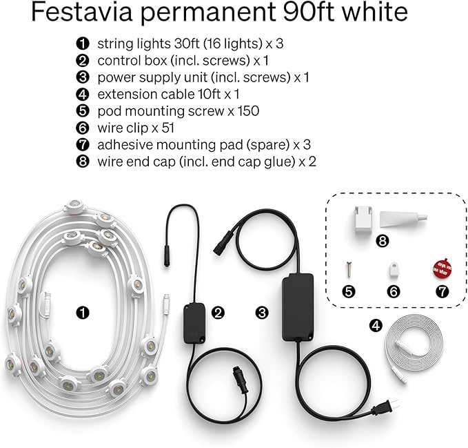 Philips Hue Festavia 90ft Permanent Outdoor String Lights, 48 Dimmable Lights, 55 Lumens Each, Weatherproof, Water-Resistant, White Wire, Color Ambience, Bridge Required