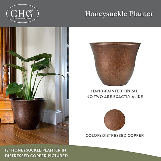 Classic Home and Garden by Growscape Honeysuckle Resin Planters - Lightweight Indoor & Outdoor Plant Pots - UV-Resistant Plastic Flower Pots - Pot Planters for Flowers & Herbs (15" Distressed Copper)