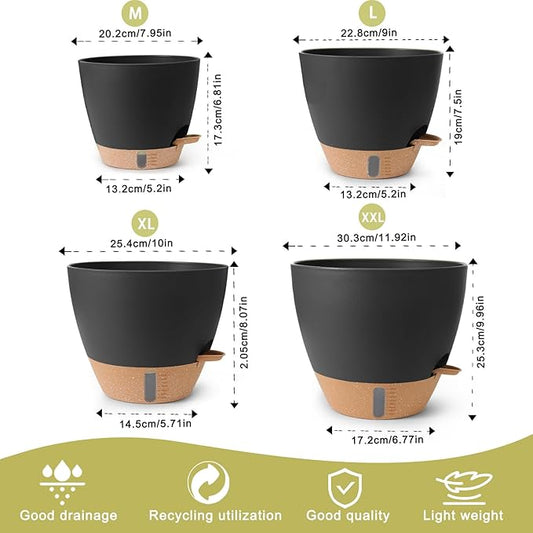 Self Watering Pots for Indoor Plants 12/10/9/8 Inch Large Plastic Self Watering Flower Pots Indoor Outdoor with Drainage Holes, Deep Reservoir,Nursery Planting Pot for Indoor Outdoor Plants Black