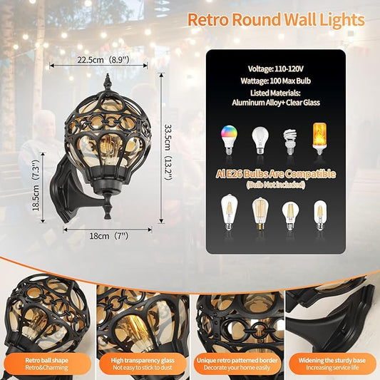 Globe Outdoor Wall Lights Fixtures, Anti Rust Black Sphere Porch Wall Light,Aluminum Waterproof Outside spherical hardwired Lights for House Patio Porch Backyard Garage Front Door No Sensor,General