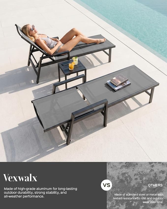 Vexwalx Patio Chaise Lounge Chair Outdoor with Wheels&Armrests, Aluminum Pool Lounge Chairs 5-Position Adjustable Recliner, Outdoor Beach Lounge Chairs for Outside, Patio, Deck, Yard, Dark Gray