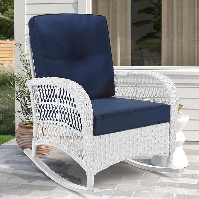 VIVIJASON Outdoor Wicker Rocking Chair, Patio Rattan Rocker Chair with Cushions & Steel Frame, All-Weather Rocking Lawn Furniture for Garden Backyard Porch (White Wicker/Navy Blue)