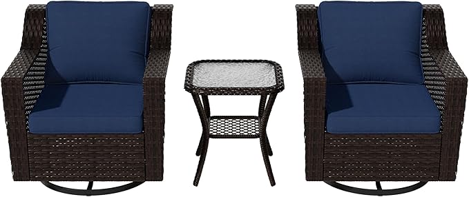 VistaVibe 3 Pieces Outdoor Patio Conversation Furniture Set - 360 Degree Swivel Glider Rocker Chairs | Wicker End Table, Washable Cushions, Hand-Woven PE Rattan, Lawn, Sunroom (Brown/Navy)