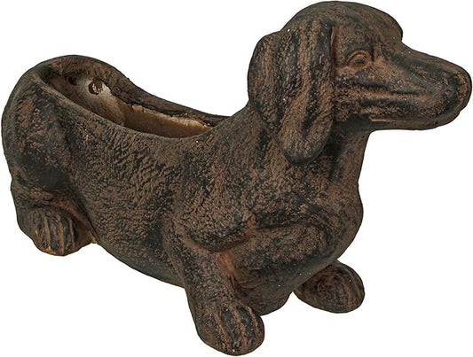 Whimsical Dachshund Dog Resin Planter: Rustic Brown Finish, Indoor-Outdoor Decor, 20 Inches Long, Weather-Resistant Succulent, Herb, and Flower Plant Pot