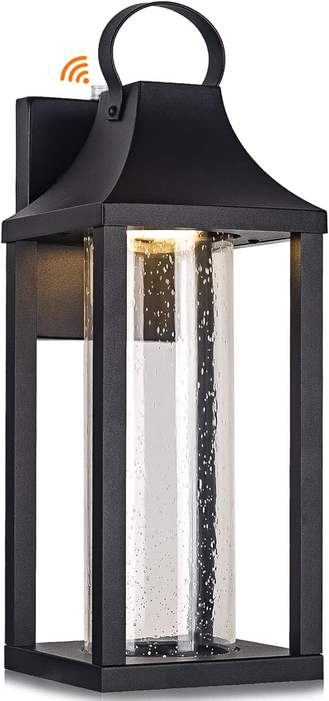 Dusk to Dawn Outdoor Led Wall Light Fixture, 15" Large Exterior Wall Lantern with Clear Seed Glass, Modern Wall Mounted Sconce Waterproof, Outside Porch Lamp for House Patio Garage 13W 3000K