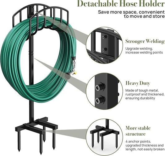 Winpull Garden Hose Holder Detachable Heavy Duty Metal Water Hose Hanger, Freestanding Hose Storage Stand Rack for Outside (Black)