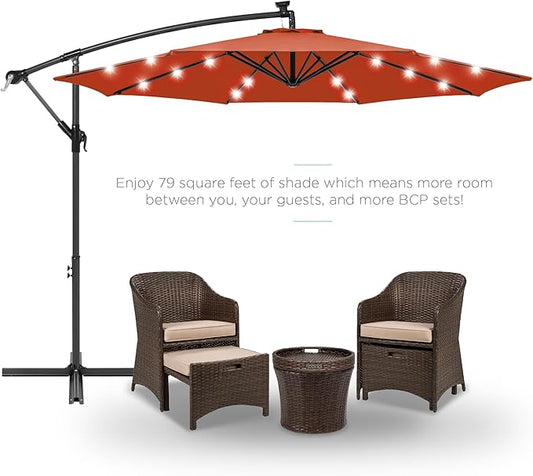 Best Choice Products 10ft Solar LED Offset Hanging Market Patio Umbrella for Backyard, Poolside, Lawn and Garden w/Easy Tilt Adjustment, Polyester Shade, 8 Ribs - Rust