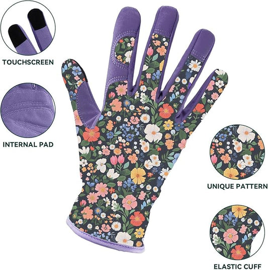 Gardening Gloves for Women, Printed Touchscreen Garden Gloves with Grip, Thorn-Proof Puncture-Resistant Work Gloves