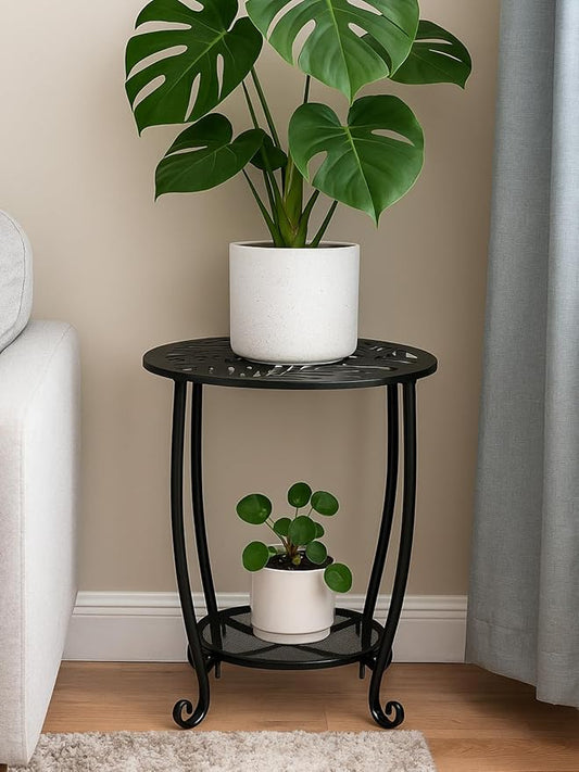 2-Tier Metal Round Side Table Set of Two Black Accent Coffee Tables Small Space Corner Plant Stand Shelf for Indoor Outdoor Porch Patio Balcony Living Room End Table with Storage Weather-Resistant