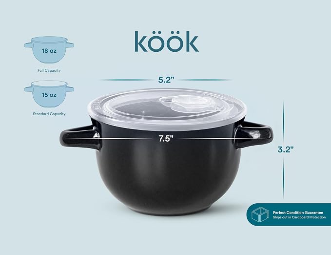 KooK French Onion Soup Crocks with Handles, Ceramic Bowls, for Rice, Dessert, Pasta, Dishwasher, Microwave, Oven & Broil Safe, Black, Set of 4, 18 oz