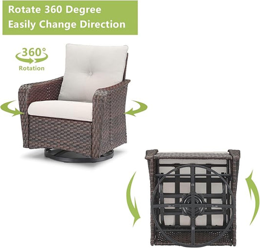Rilyson Outdoor Patio Swivel Rocker Chairs - 4 PC Wicker Rattan Patio Rocking Glider Chair Set with High Back,Comfy Cushions and Deep Seating for Porch Deck Backyard Garden(Brown/Beige)