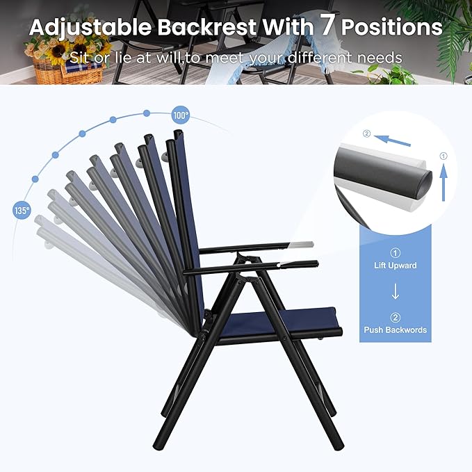 PHI VILLA Outdoor Patio Folding Chairs Set of 6, Portable Patio Dining Chairs with Adjustable Backrest for Outside, Garden, Lawn & Yard, No Assembly, Blue
