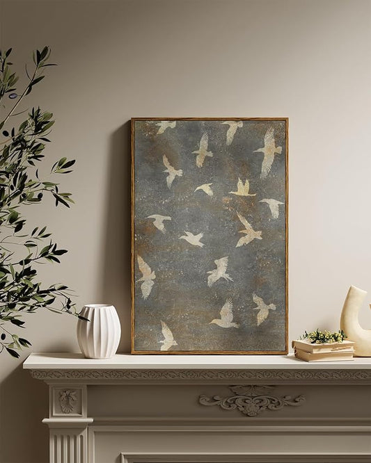 InSimSea Framed Canvas Wall Art Vintage Decor, Home Decor Painting Gold Flying Bird Collage Large Wall Decorations for Living Room, Landscape Modern Canvas Pictures Art for Bedroom Gallery, 16"x24"