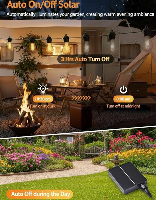 Outdoor Solar String Lights S14, 36FT Patio Lights with 15 LED Bulbs, 3000K Solar Lights Outdoor with Remote & App Control, Solar String Lights for Outside, Camping, Yard, Party Decor, Warm White