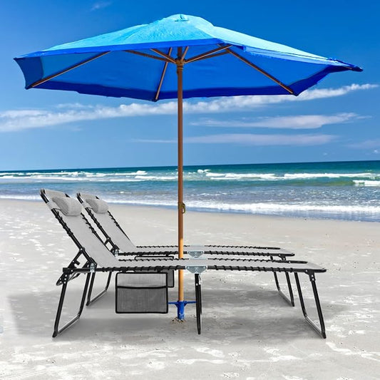 GYMAX Lounge Chairs for Outside, Extra High Folding Beach Tanning Lounger with Adjustable Backrest, Footrest & Removable Pillow, Sunbathing Lounge for Patio, Poolside (1, Grey with Pocket)