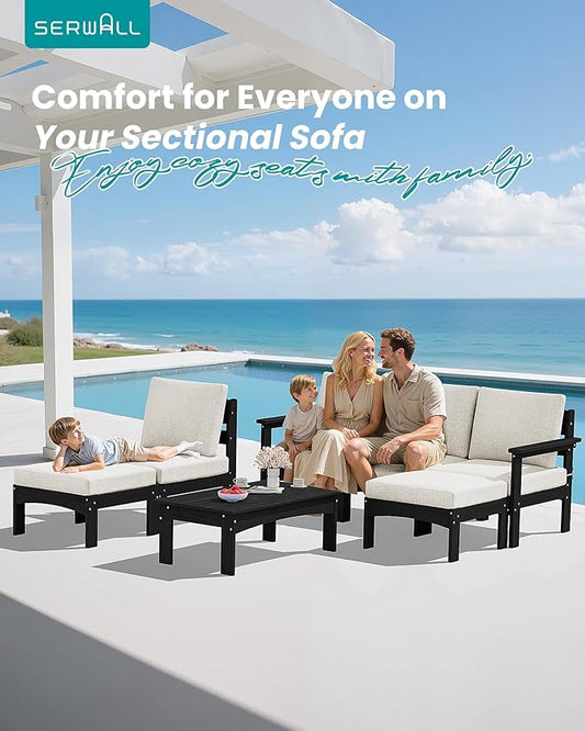 SERWALL 7 Pieces HDPE Patio Furniture Set with 15FT Double Side Patio Umbrella, Patio Conversation Set, All-Weather Modular Patio Sofa Set for Deck, Garden, Porch, Black Frame with Khaki Cushion