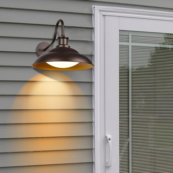 Outdoor LED Barn Lights, 16 Inch Dome Large Farmhous Exterior Wall Lights Fixture with Adjustable Color Temperature, Modern Bronze Gold Wall Sconces Outside for House Garage Doorway, 2Pack
