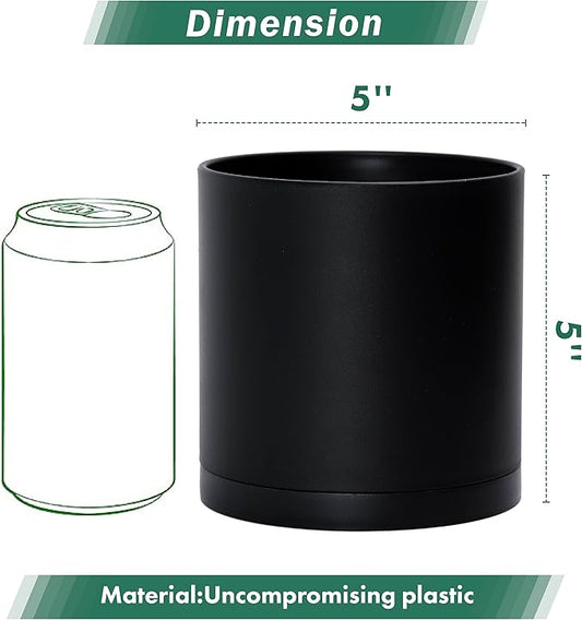D'vine Dev 6 Pack 5 Inch Modern Plastic Plant Pots, Small Garden Planters for Plant with Drainage Holes and Saucers, Black Color, 74-Y-G-3